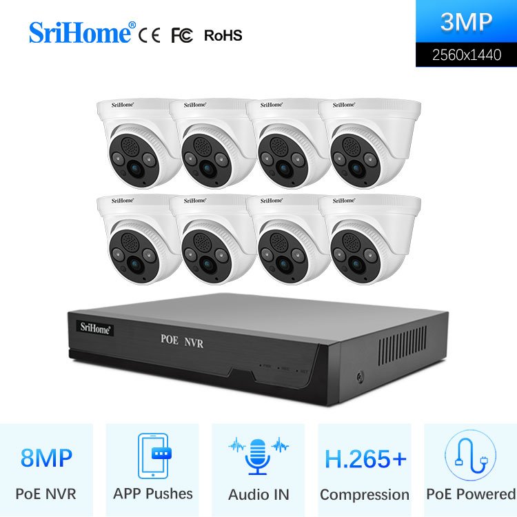 SriHome Hot Selling 5MP Full Color Indoor Outdoor Kit Waterproof POE Security Camera Surveillance System POE NVR