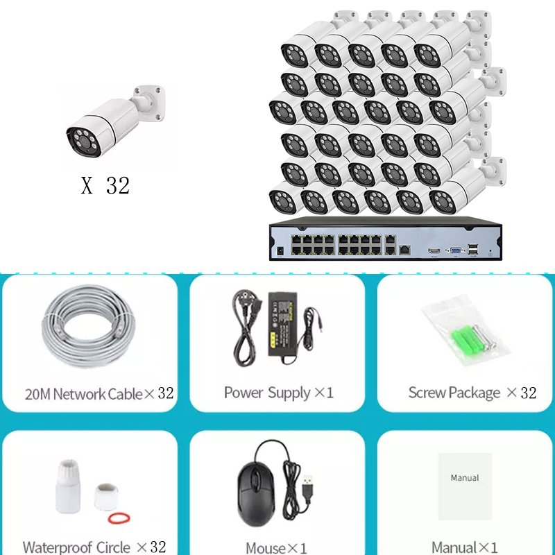 Outdoor Home Poe NVR CCTV Kit Surveillance Security Camera System 32 Channel Black Bullet 4K 8MP Ce Wifi White Indoor Camera