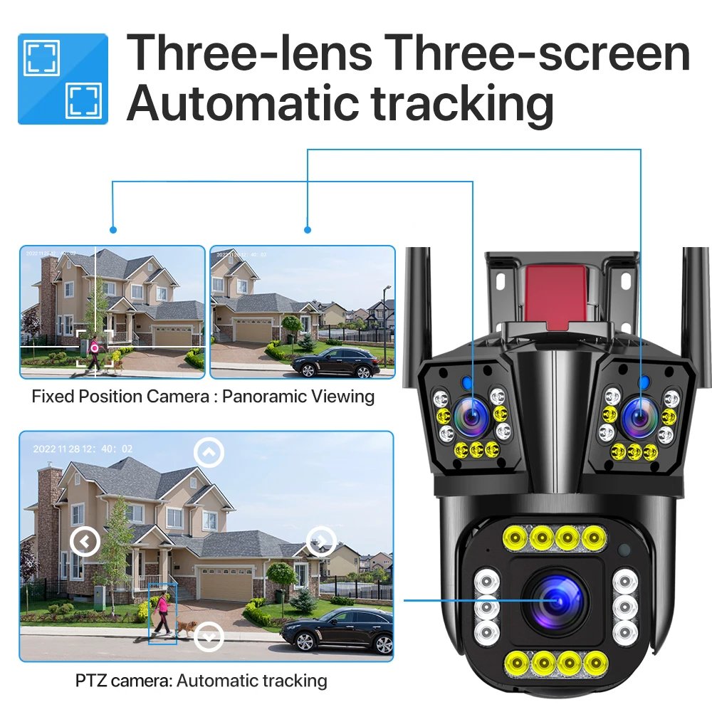 V380 IP Outdoor Camera 3 Lens 3 Screen Security Waterproof PTZ Video CCTV for Outdoor Surveillance Camera with Motion Tracking