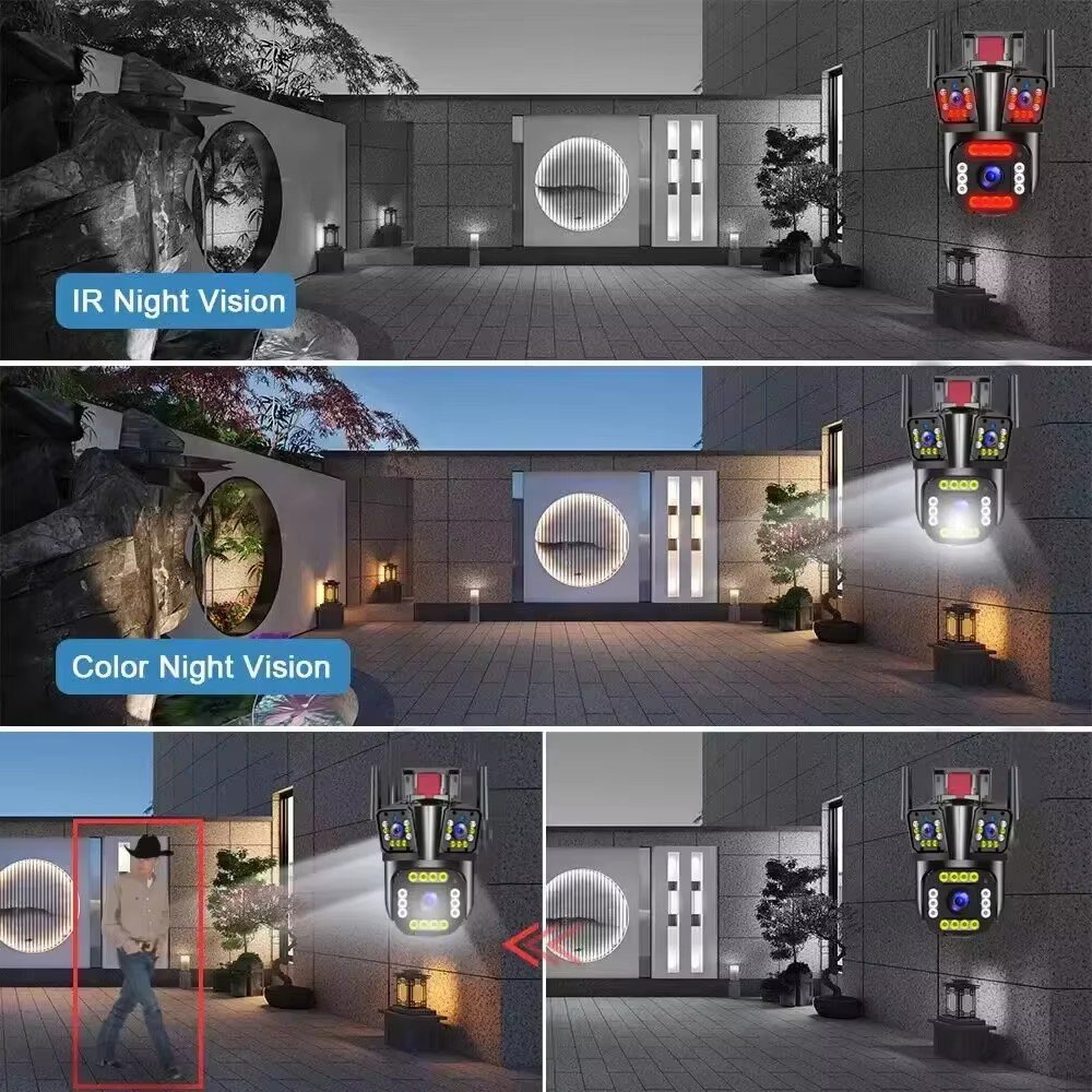 V380 IP Outdoor Camera 3 Lens 3 Screen Security Waterproof PTZ Video CCTV for Outdoor Surveillance Camera with Motion Tracking