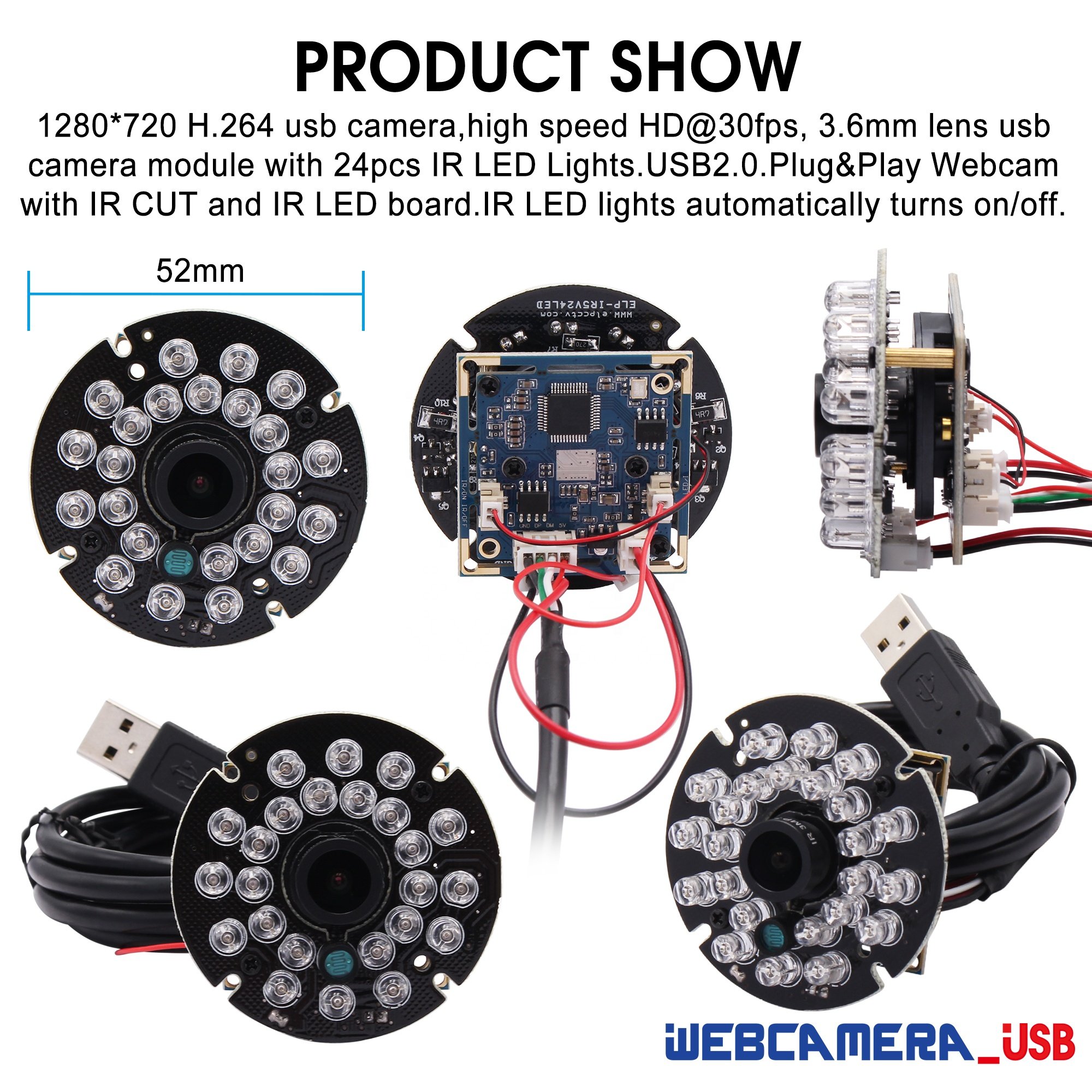 ELP HD 720P USB 2.0 nigh vision Infrared camera module low cost with 850nm ir leds for car video surveillance, parking system