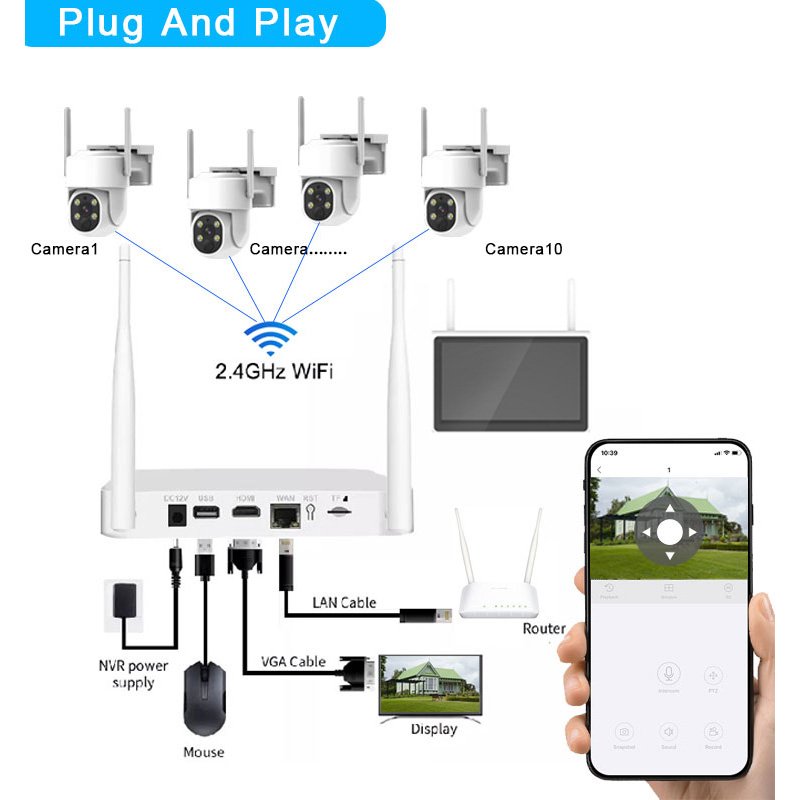 Saikiot EseeCloud 4CH Solar Wireless NVR Kit with 4MP Camera 10inch Monitor CCTV Surveillance AI System Solar WIFI Camera Kit