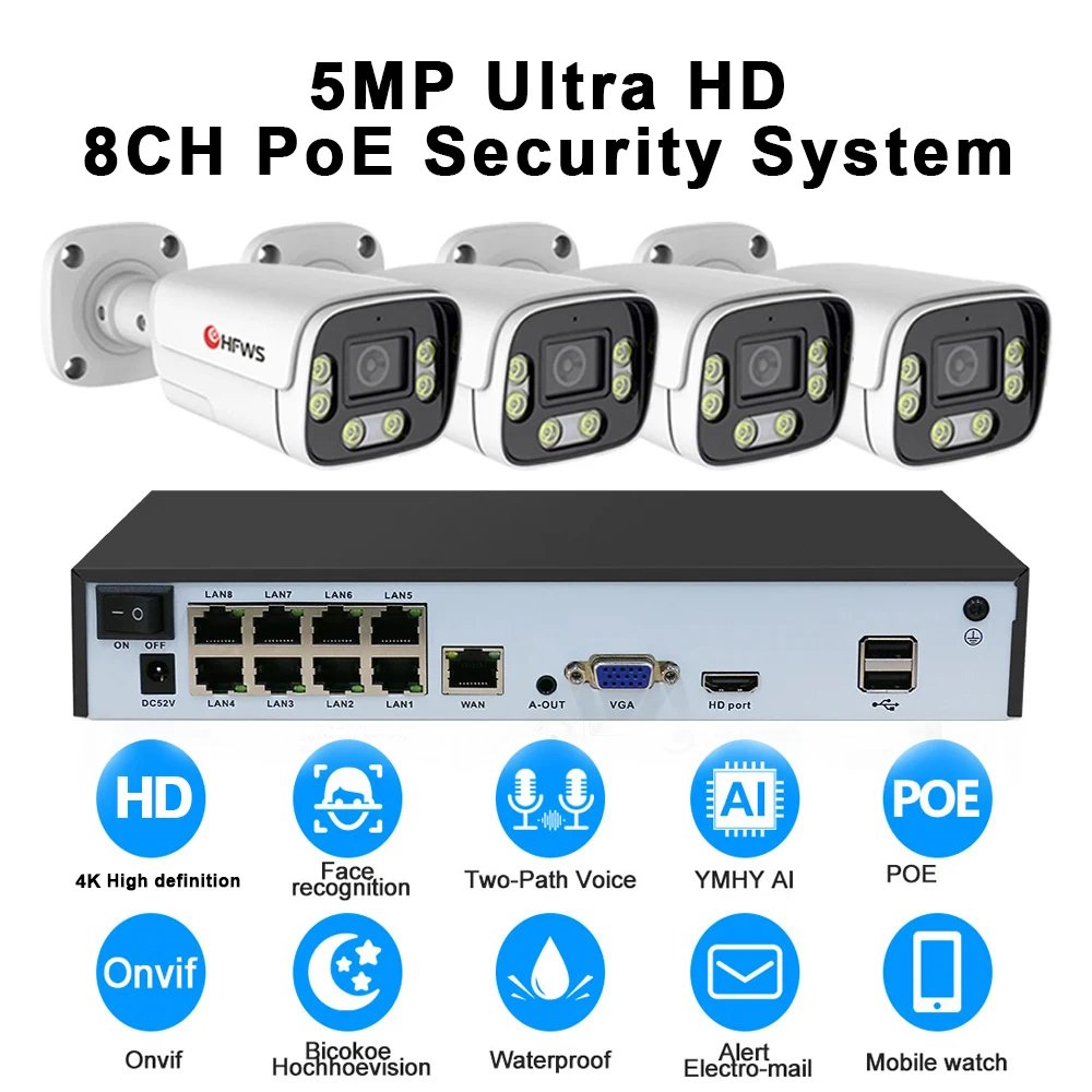 HFWS 4K 8MP 8CH PoE NVR Kit Two Way Audio Full Color IP66 8pcs Outdoor Home Cctv Ip Cameras Surveillance Security Camera System