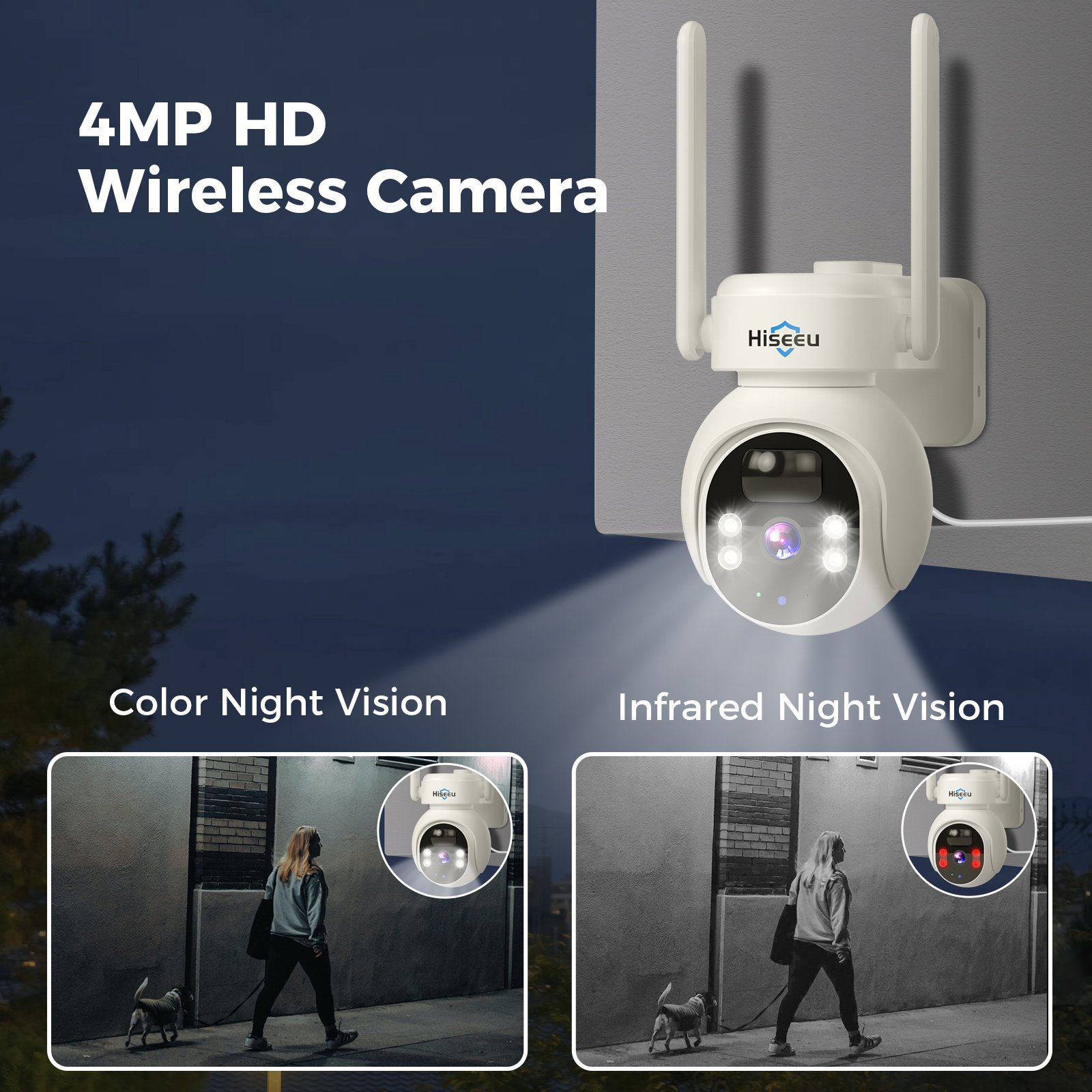 Hiseeu 24/7 recording 4MP Ptz wireless WiFi solar security CCTV camera system outdoor