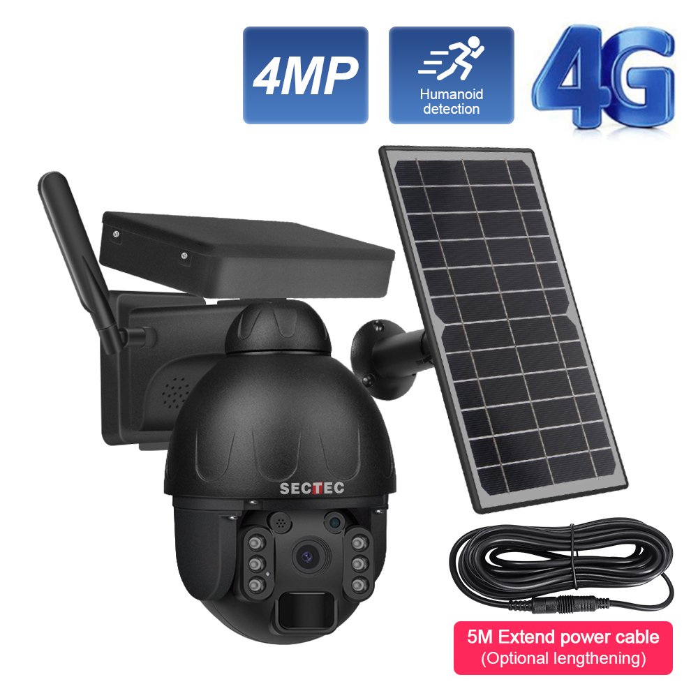 Sectec HD 4MP 2K 4G Solar Camera Low Power With Sim Card Outdoor PTZ Security CCTV Surveillance Network Dome Camera
