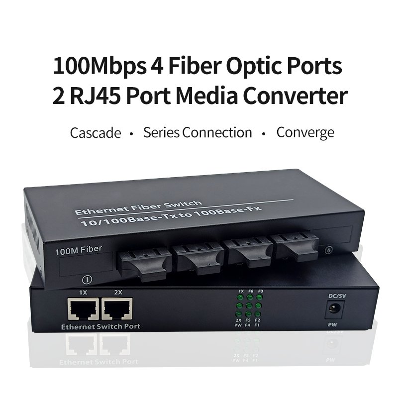 10/100M Fiber Converter 4 SC Fiber Port 2 LAN RJ45 UTP Port Duplex Fast Ethernet Fiber Optical Media Converter Switch 4F2E