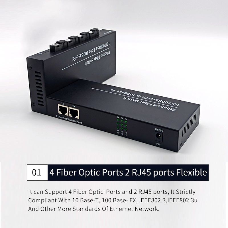 10/100M Fiber Converter 4 SC Fiber Port 2 LAN RJ45 UTP Port Duplex Fast Ethernet Fiber Optical Media Converter Switch 4F2E