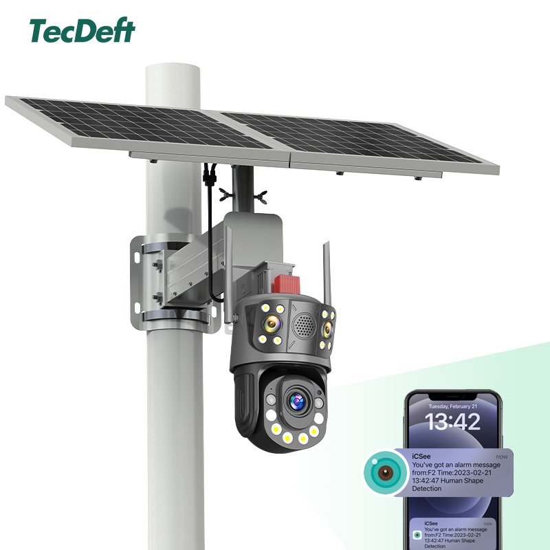 TecDeft Solar Powered Panels4G Sim Card Surveillance Wireless Three eyes Security Network Cctv Cctv Camera With Sim Card