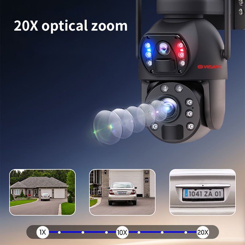 VESAFE Dual lens 20X Zoom 6MP Laser Floodlight Solar Panel Battery Wifi 4G Waterproof Outdoor Camera PTZ Camera