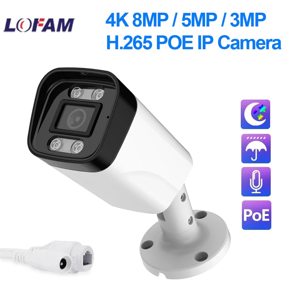8MP 5MP POE IP Camera Bullet Outdoor Waterproof Color Night Vision Audio Video Surveillance Security Camera IPC for NVR System