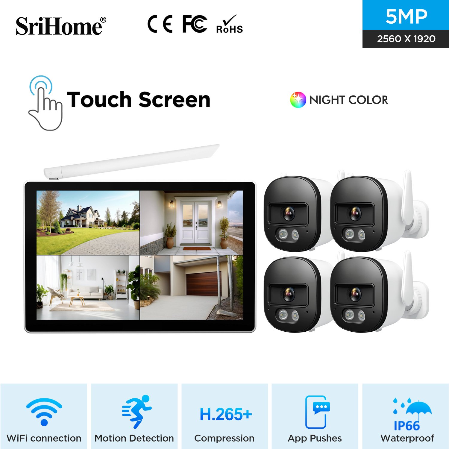 Srihome Touch Screen NVR Kit 5MP Two Way Talk Audio Full Color Night Vision Humanoid Tracking Wifi Alarm CCTV System Wireless