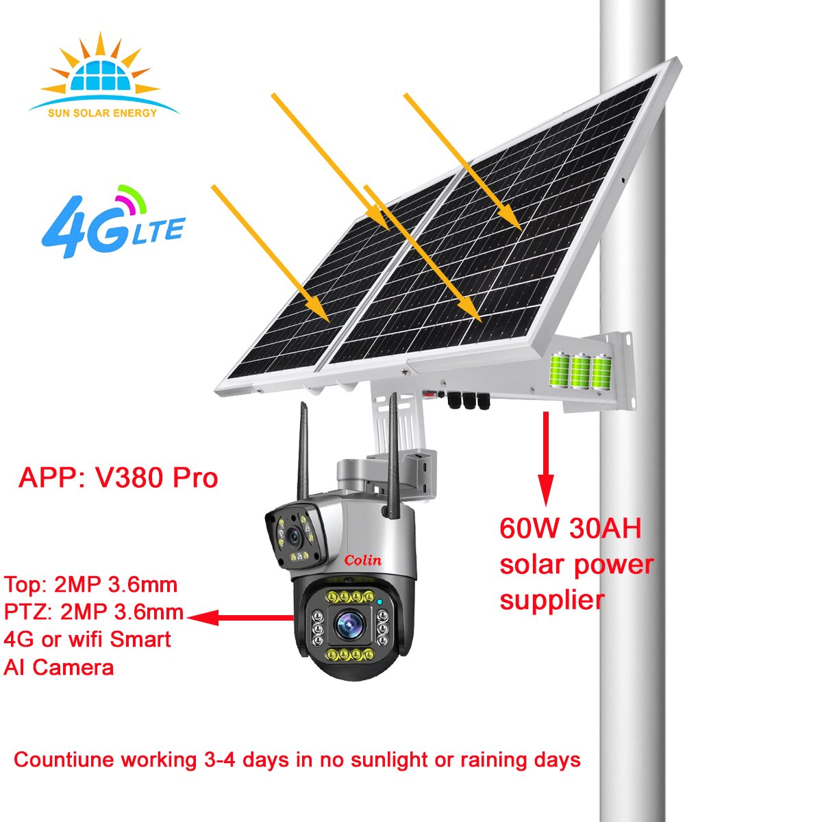 Long video 2MP+2MP 60W 30AH Dual Lens Wifi CCTV 4G Outdoor Street Solar Security System PTZ Surveillance CCTV Camera kit