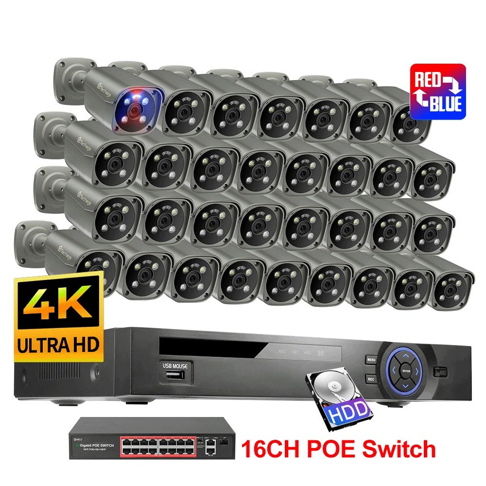 High-End 32CH NVR Kit 4K 8MP PTZ PoE Cameras Outdoor Color Night Vision System