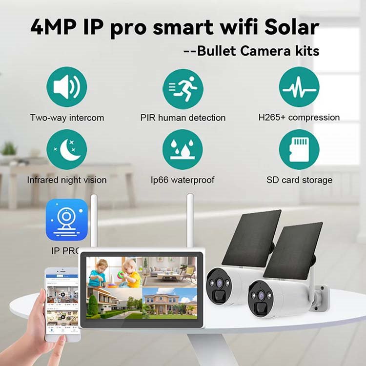 Rscamtom 4CH 4MP Monitor for Home Security Surveillance LCD Battery Solar Panel for Commercial Monitoring System