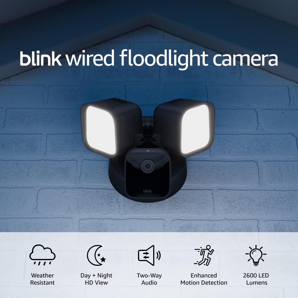 Wired Floodlight Camera Smart security camera 2600 lumens enhanced motion detection built-in siren Works with Alexa