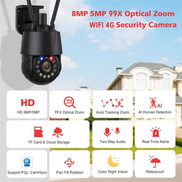Rscamtom 4K Ultra HD Camera Dome Security Camera for Traffic Monitoring Outdoor PTZ Camera for School Surveillance