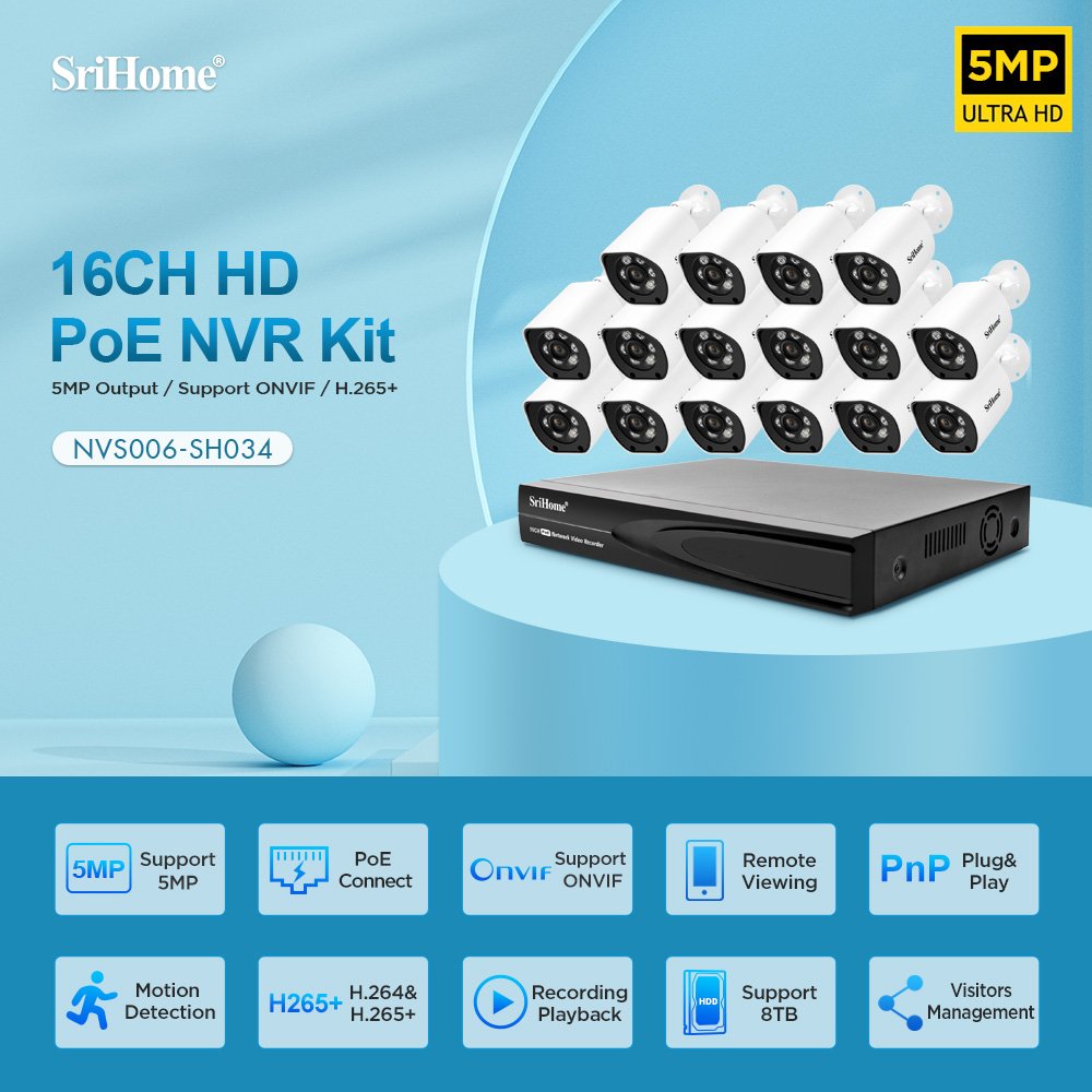 SriHome 16CH NVS006+SH034B 5MP Waterproof Outdoor CCTV Wifi POE IP Camera Kit P2P Network Video Recorder PoE NVR Kit