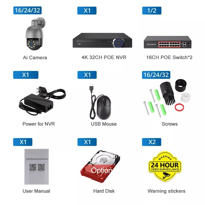 Hd 8Mp 12V Nvr Ip Security Camera System 32Ch Nvr System Alarm Camera 4K Surveillance Kit