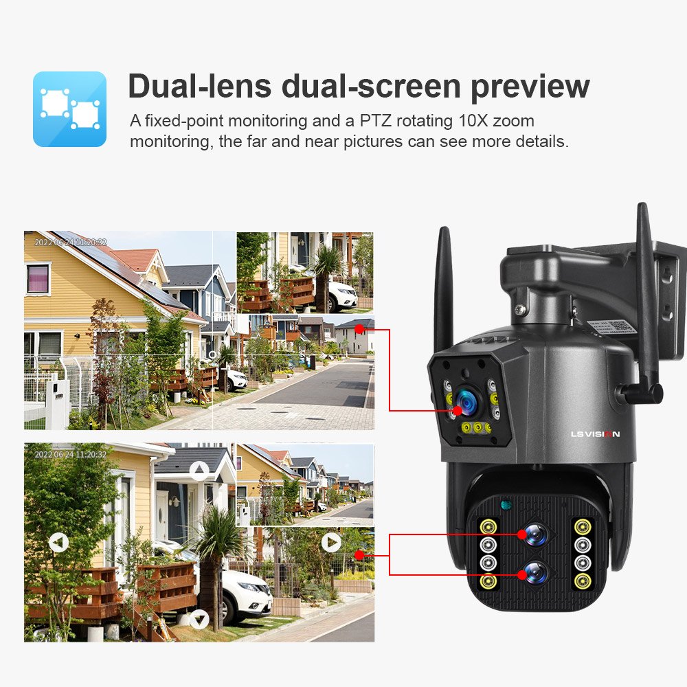 LS VISION 4K Hot WiFi Dual Lens Outdoor 4G SIM 10X Safe 4MP IP PTZ Surveillance NO Solar System 4K WIFI Security Camera