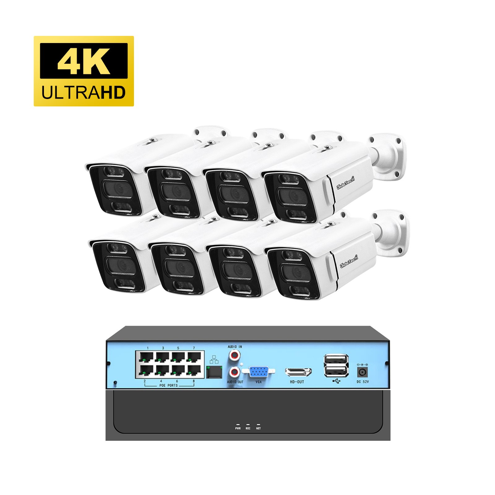 JideTech 8MP Security Camera Systems POE CCTV Camera System Outdoor IP Surveillance Camera with 8 Channel NVR Waterproof