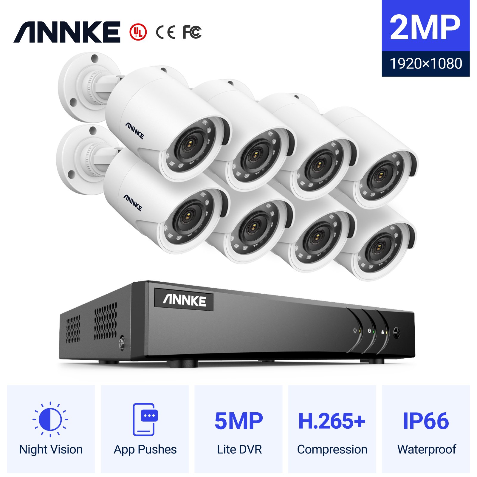 ANNKE 8pcs 1080P HD TVI Bullet Security Camera with Smart IR Night Vision 8CH 5MP 5 in 1 DVR Surveillance Camera System 2024