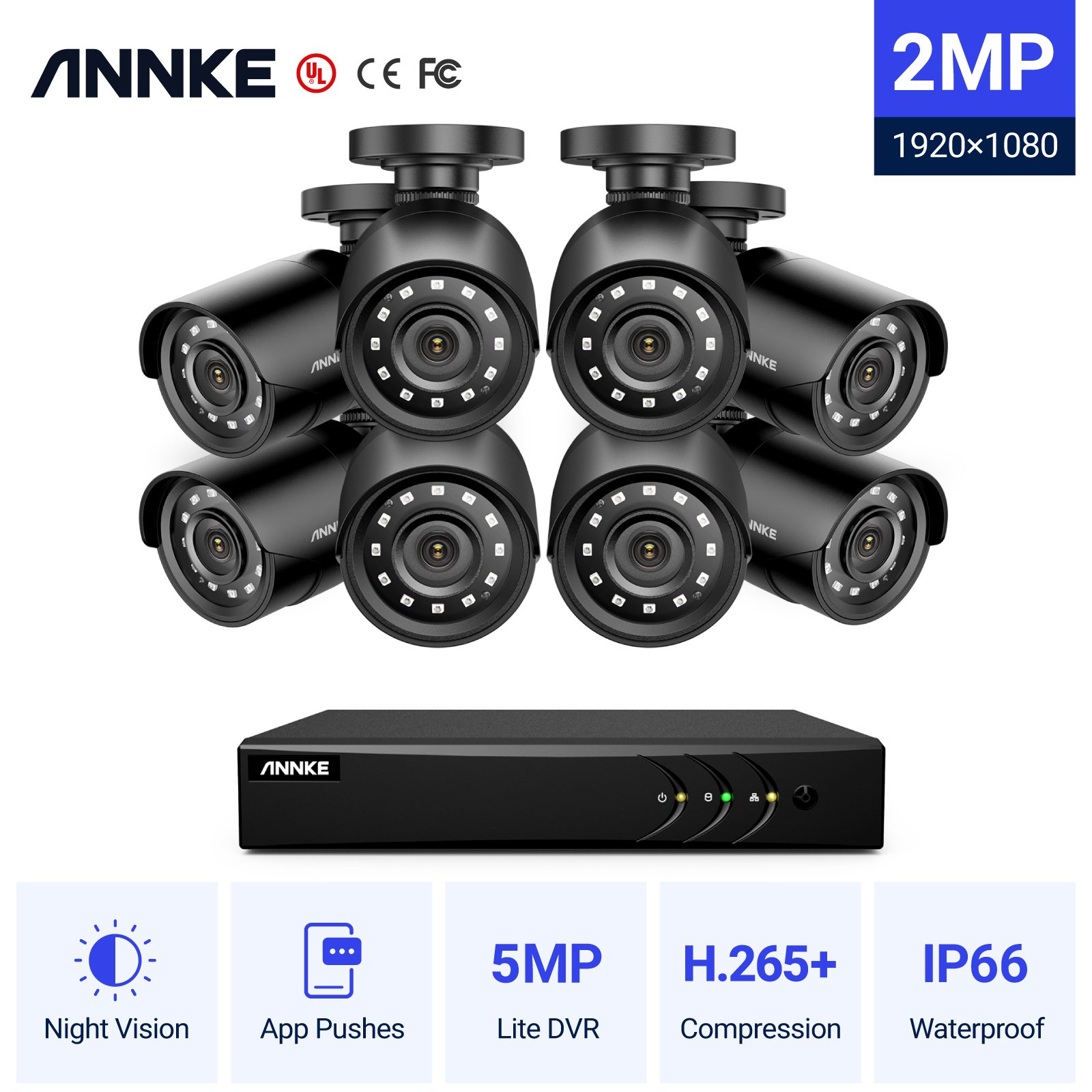 ANNKE 5MP 8CH 5-in-1 DVR System 8pcs 1080P Security Camera System Waterproof Video Surveillance Home CCTV Camera System