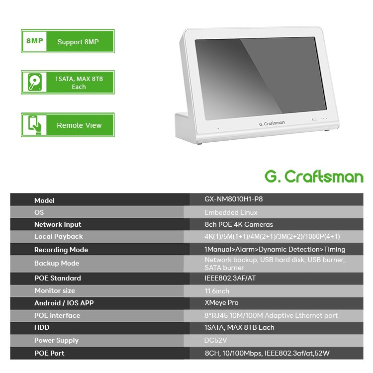 GX-NM8010H1-P8(AG) 8-Channel CCTV IP Cameras 4K 8MP POE NVR 12-Inch Screen LCD HD Display Monitor HDD Storage Video Recorder
