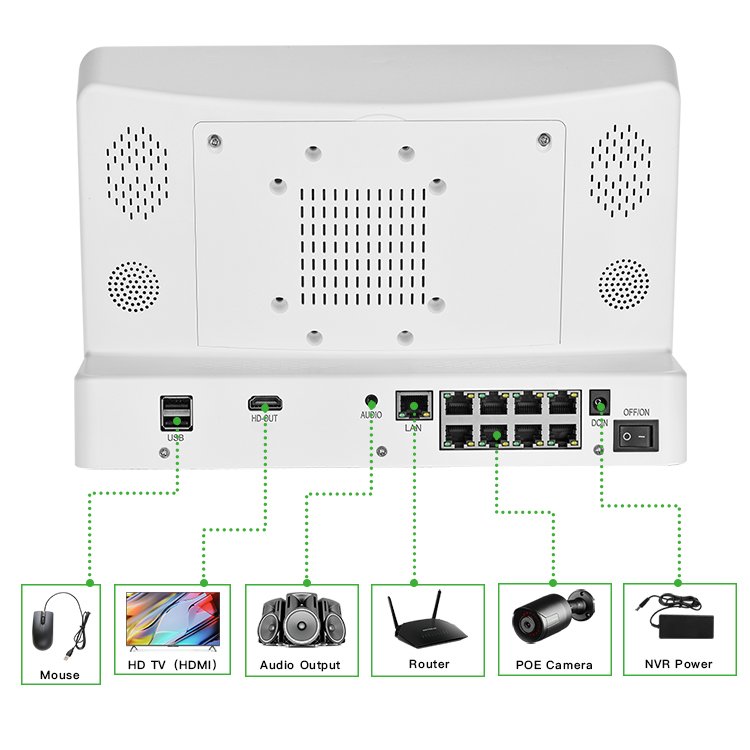 GX-NM8010H1-P8(AG) 8-Channel CCTV IP Cameras 4K 8MP POE NVR 12-Inch Screen LCD HD Display Monitor HDD Storage Video Recorder