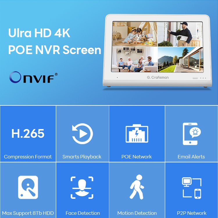 GX-NM8010H1-P8(AG) 8-Channel CCTV IP Cameras 4K 8MP POE NVR 12-Inch Screen LCD HD Display Monitor HDD Storage Video Recorder