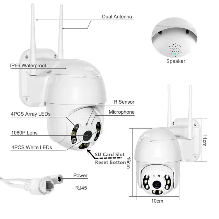 Full HD 1080P Colorful Night Vision IP Dome PTZ Camera Outdoor Smart Auto Tracking Wifi CCTV Security with SD Card Storage