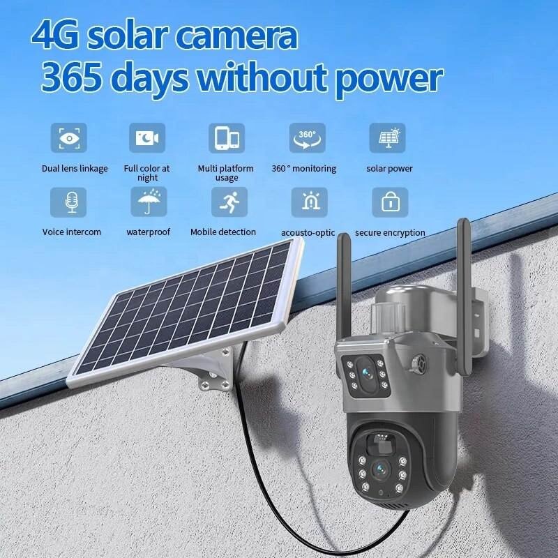 Network WIFI Security IP PTZ CCTV Solar Camera Dual Lens Dual Screens PIR Human Tracking Low Power Outdoor 5MP 4G