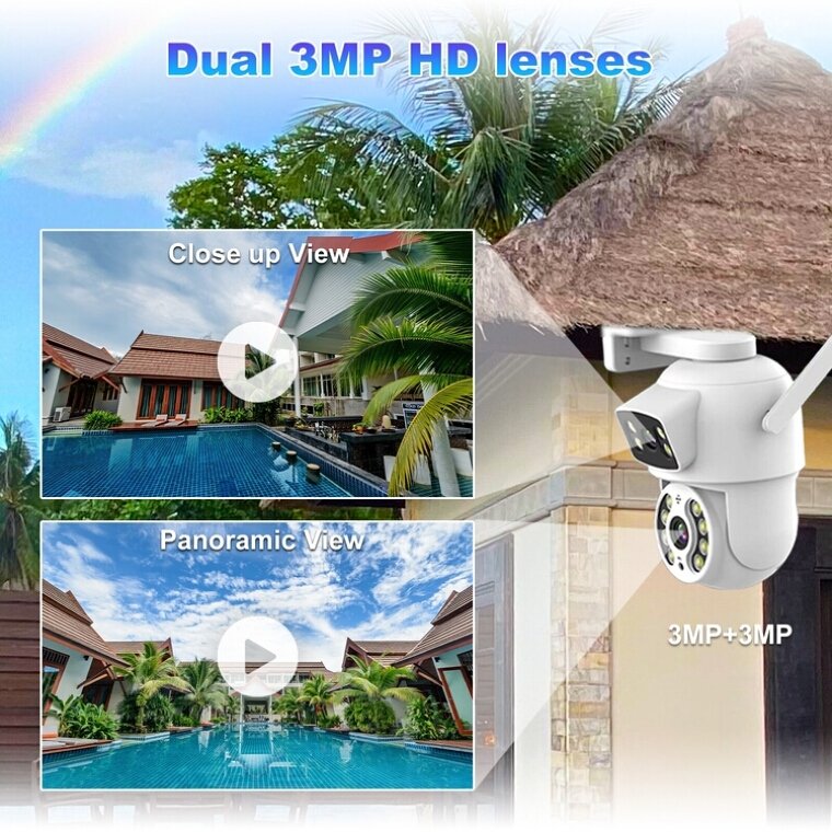 6MP Ai smart outdoors Home Night Vision With Two Audio Surveillance security wifi wireless cc tv dual lens icsee ptz dome camera