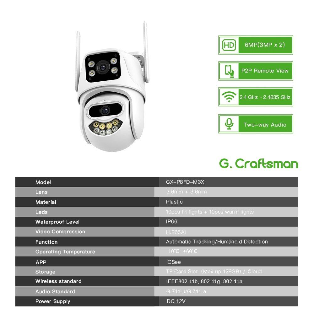 GX-P8FD-M3X(AG) WiFi PTZ IP Camera 3MP*2 LENS Sensor Outdoor Full Color Night Vision AI Human Auto Tracking Surveillance ICSEE