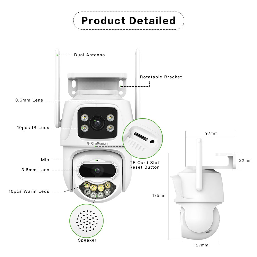 GX-P8FD-M3X(AG) WiFi PTZ IP Camera 3MP*2 LENS Sensor Outdoor Full Color Night Vision AI Human Auto Tracking Surveillance ICSEE