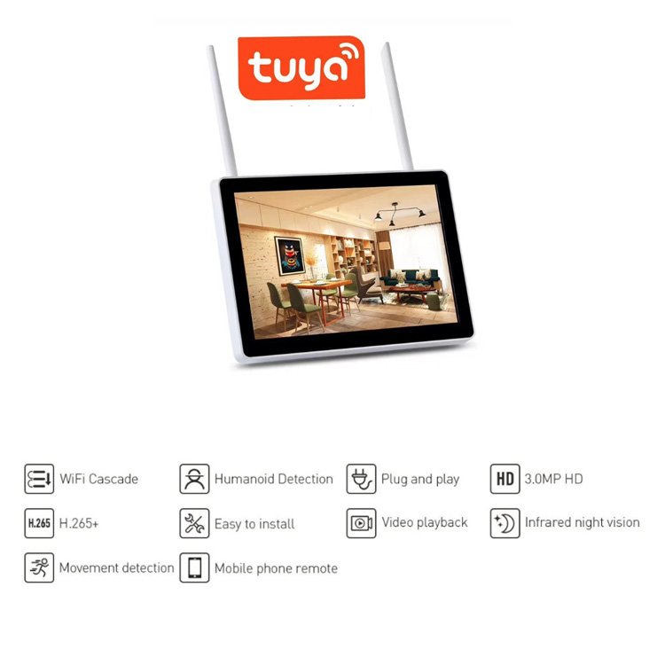 3MP Wireless CCTV Security Camera System Tuya 10.1inch lcd secreen 4ch Wifi NVR Kit