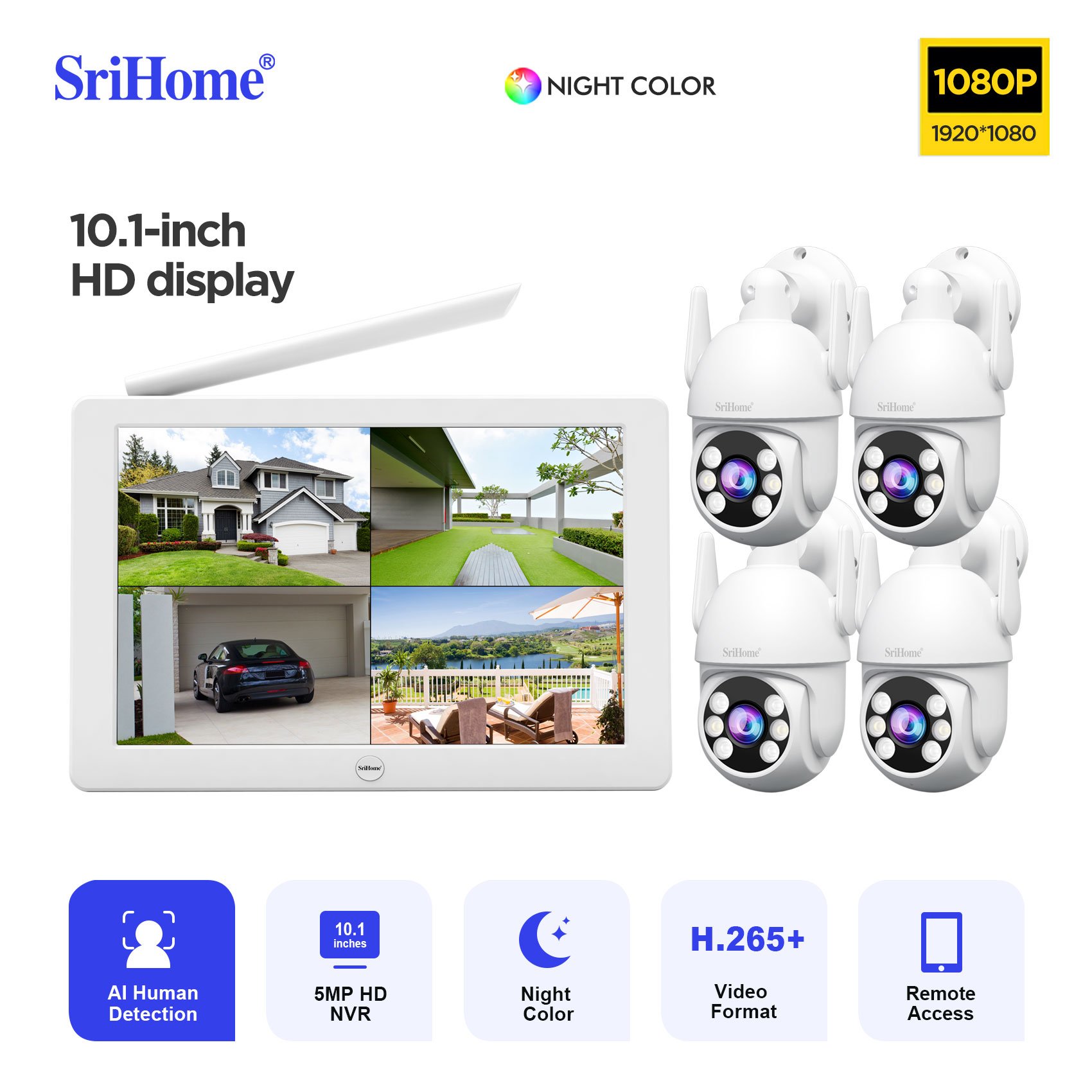 2024 NVS009 +4*IPC059 1080P Srihome 4-Channel Wireless Security CCTV NVR Kit Touched Screen Wifi NVR Surveillance CCTV System