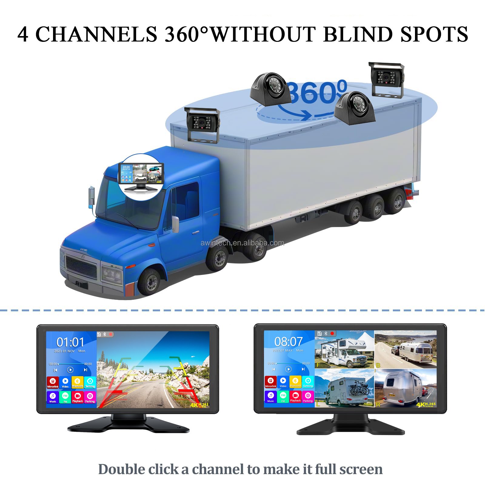 Back up Camera Bluetooth FM MP5 10.36" Touch Screen Monitor for Truck Van Trailer DVR Recording with 1080P Rear Side View Camera