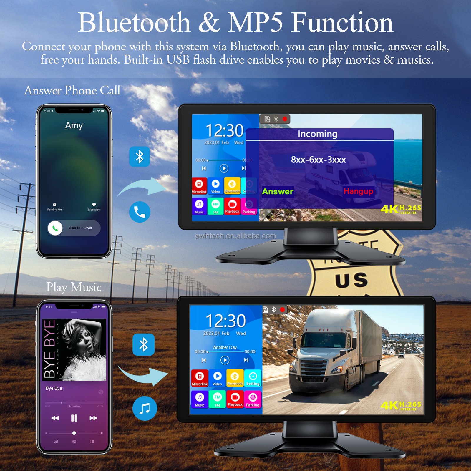 Back up Camera Bluetooth FM MP5 10.36" Touch Screen Monitor for Truck Van Trailer DVR Recording with 1080P Rear Side View Camera