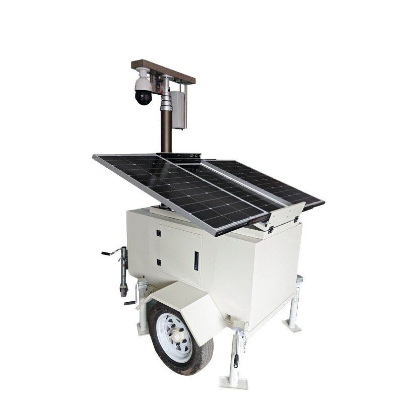 Solar powered AI mobile guard station AI monitoring vehicle with sound column, pneumatic lifting rod, large tires, trailer type