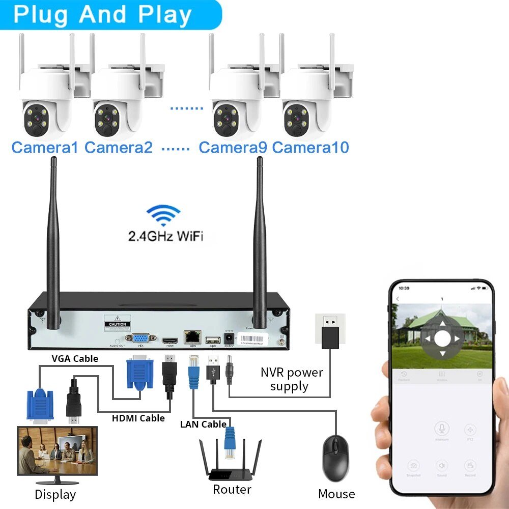 Surveillance Set 5MP 10CH WiFi 4 8 Channel PTZ uto Tracking IP NVR Solar Battery Home Security CCTV Camera System Wireless Out