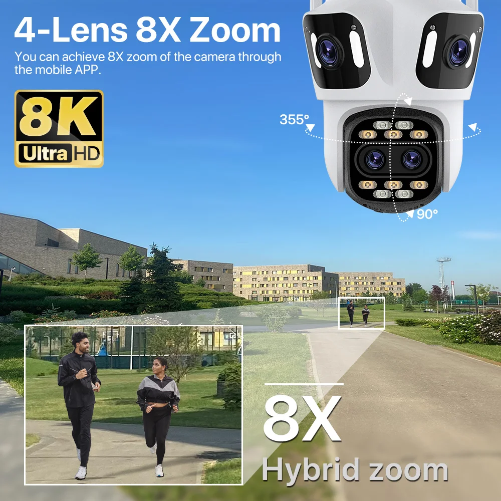 iCsee 12MP Ip Wireless Camera Four Lens 8X Optical Zoom Human Detection Tracking Outdoor Ptz Wifi Network Camera De Surveillance