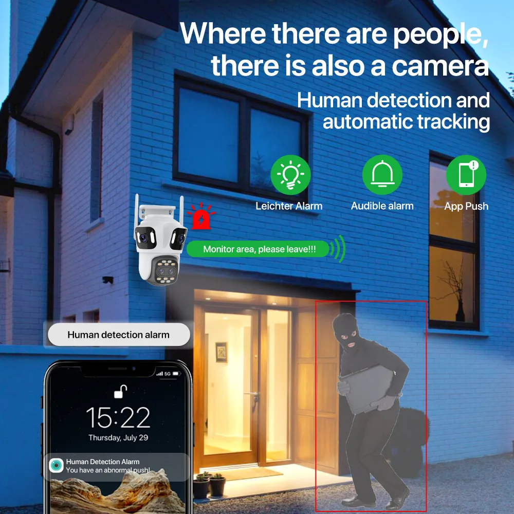 iCsee 12MP Ip Wireless Camera Four Lens 8X Optical Zoom Human Detection Tracking Outdoor Ptz Wifi Network Camera De Surveillance