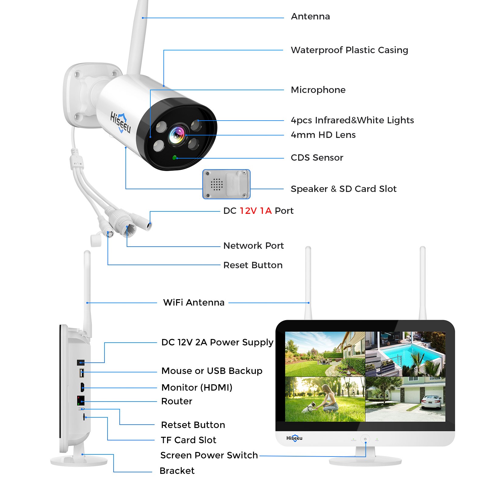 Top 10 Hiseeu 3MP 12 inch HD monitor 4 8 10 channel outdoor WiFi wireless CCTV camera system security Home