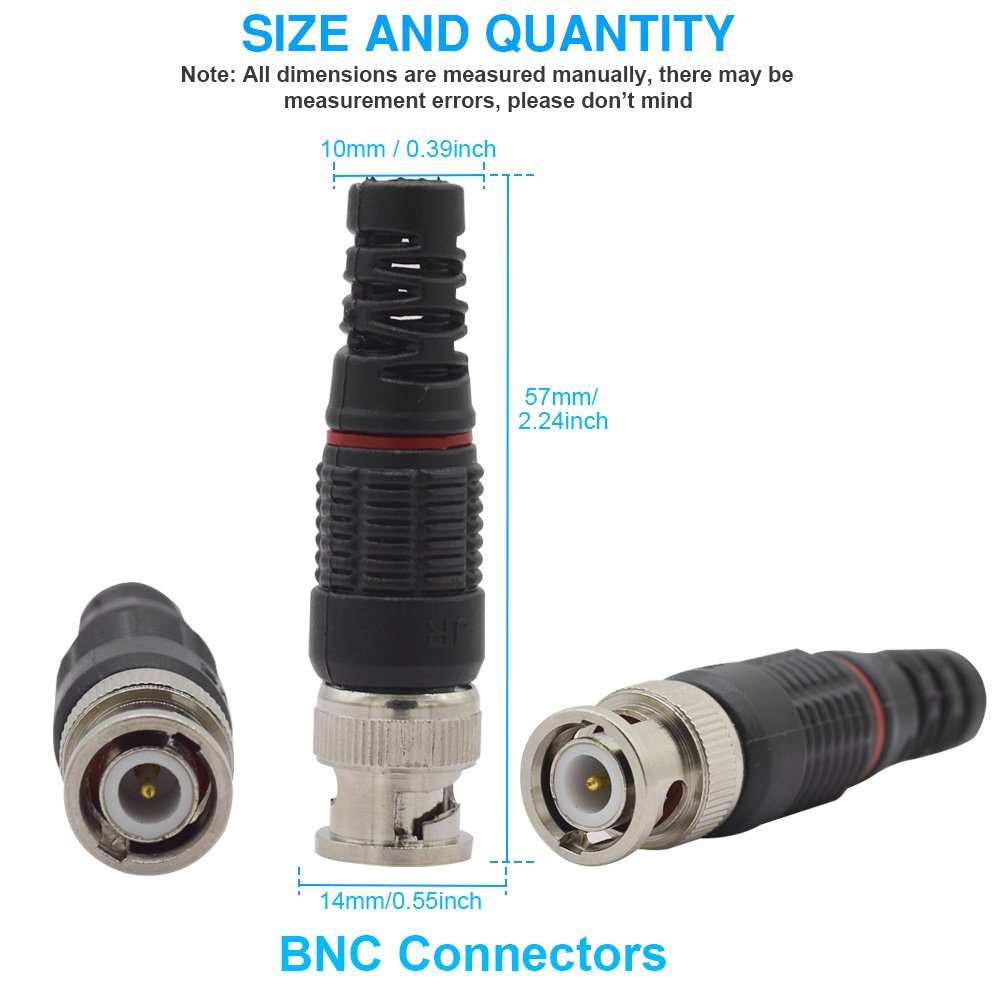 BNC Male Plug Pin Solderless Straight Video Adapter BNC Connector for CCTV Surveillance Camera Security System