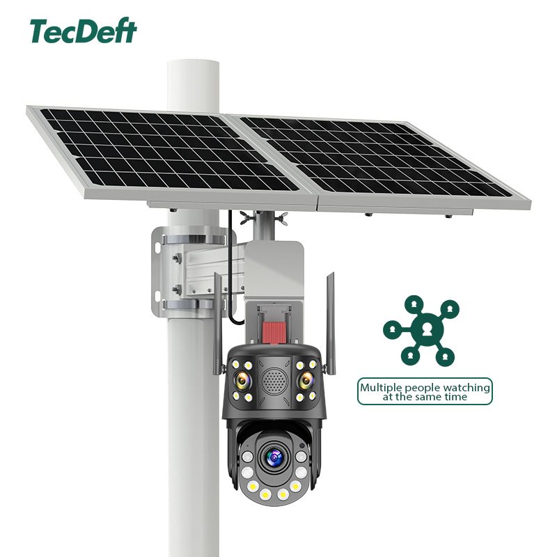 TecDeft Solar Powered Panels4G Sim Card Surveillance Wireless Three eyes Security Network Cctv System Solar Security Camera