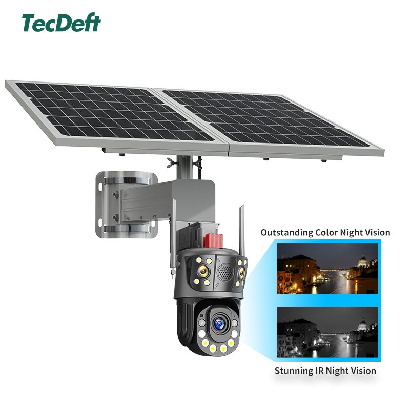 TecDeft Solar Powered Panels4G Sim Card Surveillance Wireless Three eyes Security Network Cctv System Solar Security Camera