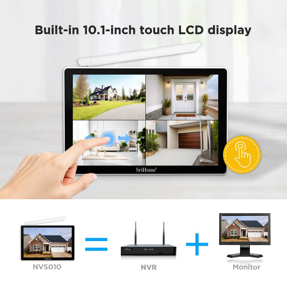 Srihome 5MP 4CH Wireless Security Camera System 10.1 Inch Touch Screen NVR Kit Camera Video Recorder CCTV System Security