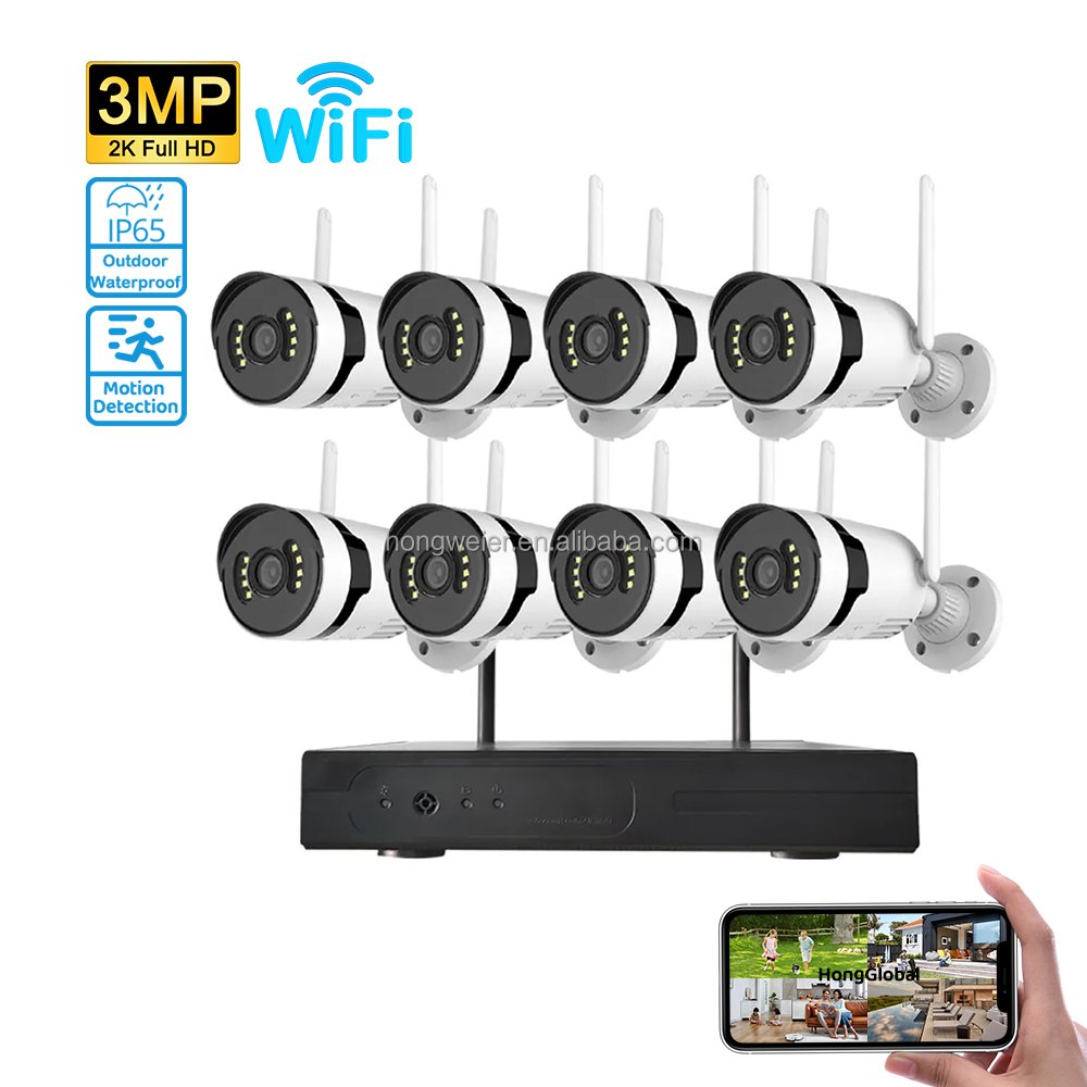 HongGlobal 3MP Wireless IP 8 Channel CCTV NVR Home Security Camera Set Kit Surveillance System WiFi Wireless CCTV Camera System