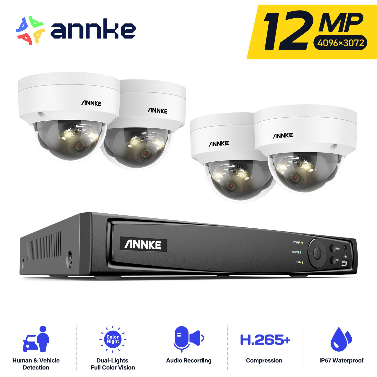 ANNKE 8CH 4K(12MP) PoE NVR With 4pcs 12MP AI & smart dual light & Microphone PoE IP Dome Camera