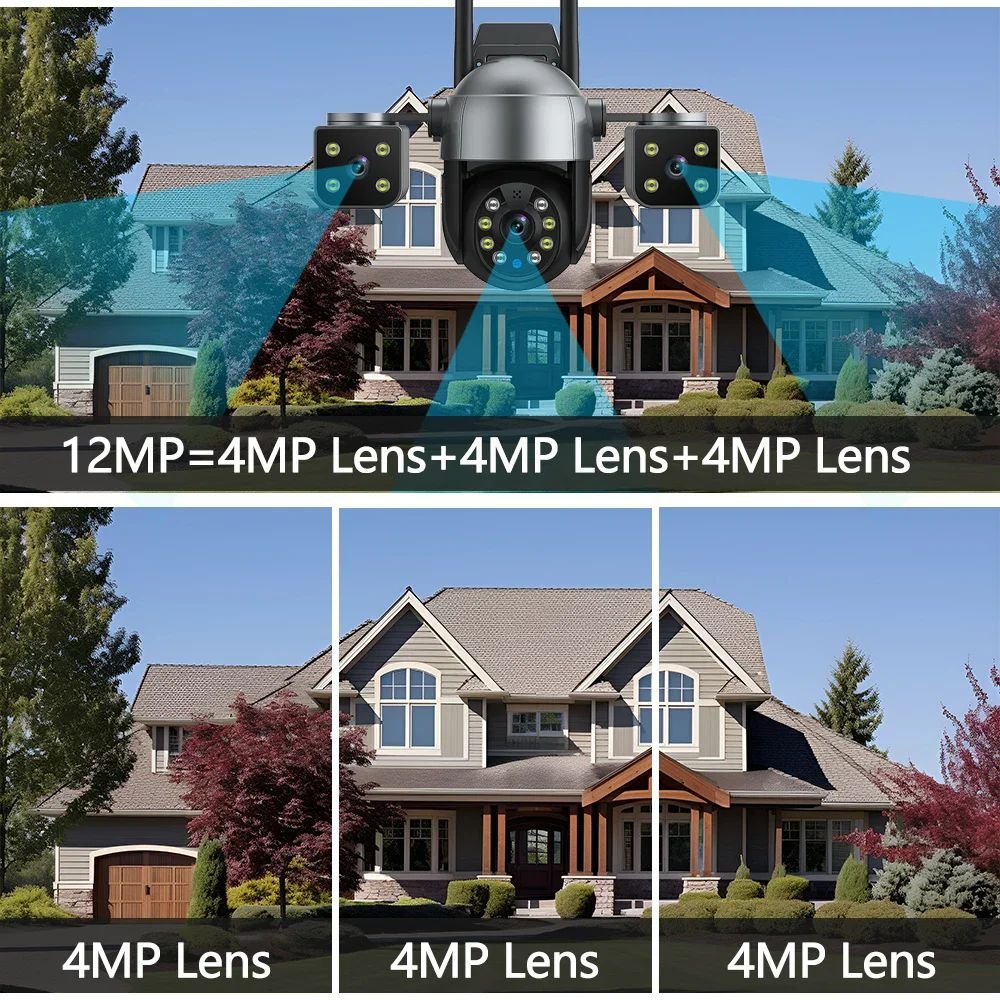 12MP WiFi Security Camera 3 Lens 3 Screens 8X Digital Zoom AI Human Detect 4MP Outdoor CCTV PTZ IP 6k Wireless Three Lens Camera